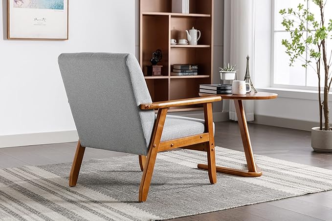 Leisure Chair with Solid Wood Armrest and Feet Mid-Century Modern Accent Chair for Living Room Bedroom Studio Chair