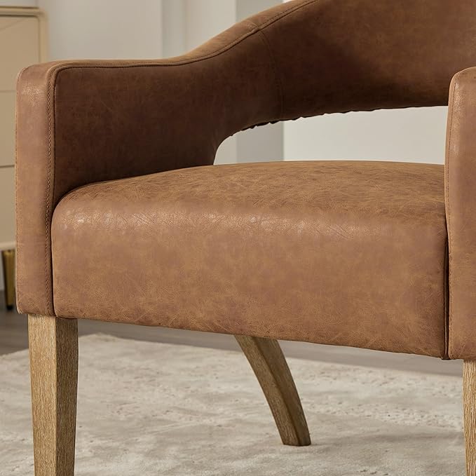 Modern Accent Chair Upholstered PU Leather Barrel Armchairs with Rubberwood Legs Comfy Lounge Arm Chair Hollow-Out Side Club Chair for Living Room Bedroom Office (Brown-Wide)