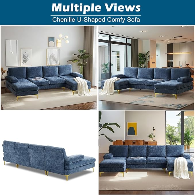 VINGLI 110 Large U-Shape Sectional Sofa Couch with 51 D Double Chaise for Living Room Modern Sectional Couch Set with Soft 5.9 Thickness Seating Padding Chenille FabricMetal Gold Legs(Blue)