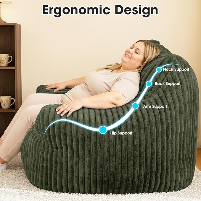 Giant Bean Bag Chair for Adults Oversized Memory Foam Bean Bag Sofa with Armrests Large Comfy Fluffy Single Lounges Mini Couch for Living Room Bedroom &amp Dorm(Green)