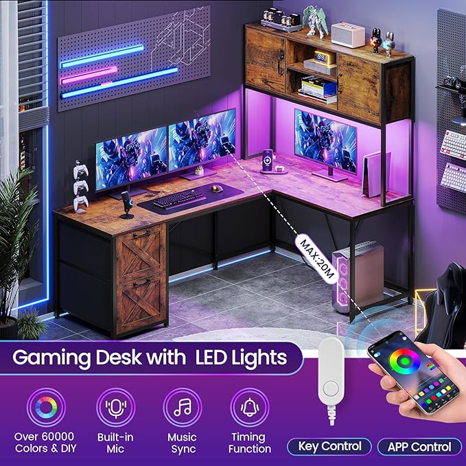 SEDETA L Shaped Desk with Drawers 62.2 Home Office Desk with Fabric File Drawers and Power Outlet L Shaped Desk with Hutch Storage Shelves LED Lights Rustic Brown
