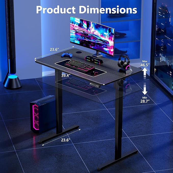 Small Electric Standing Desk 40 x 24 Inches Height Adjustable Sit Stand Computer Desk Home Office with Memory Presets (Spliced DesktopCarbon Fiber Black)