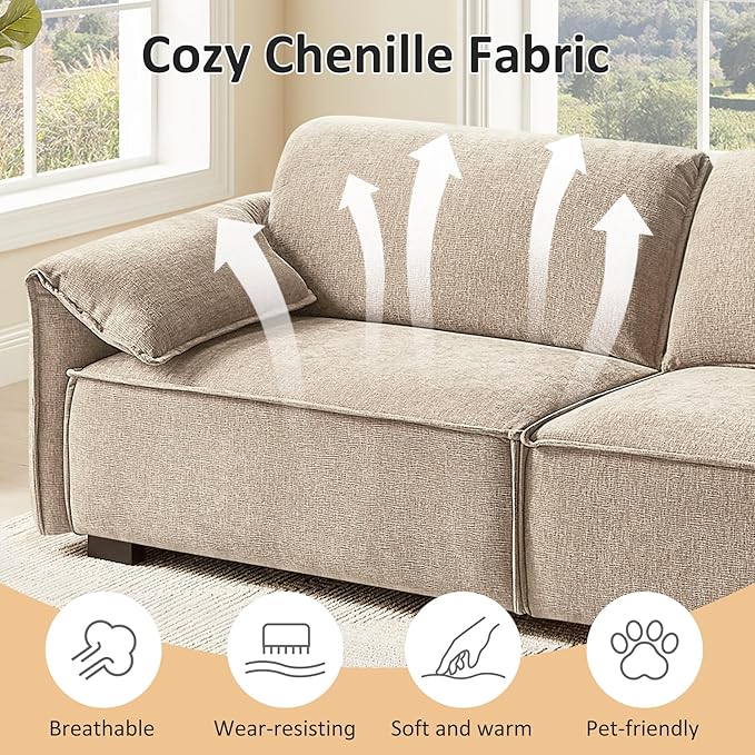 VANOMi 92.9 Sofa Couch for Living Room Modern Comfy 3-Seater Cloud Sofas Chenille Small Couches for Small Spaces Upholstered Deep Seat Couch for Bedroom Apartment (Natural)