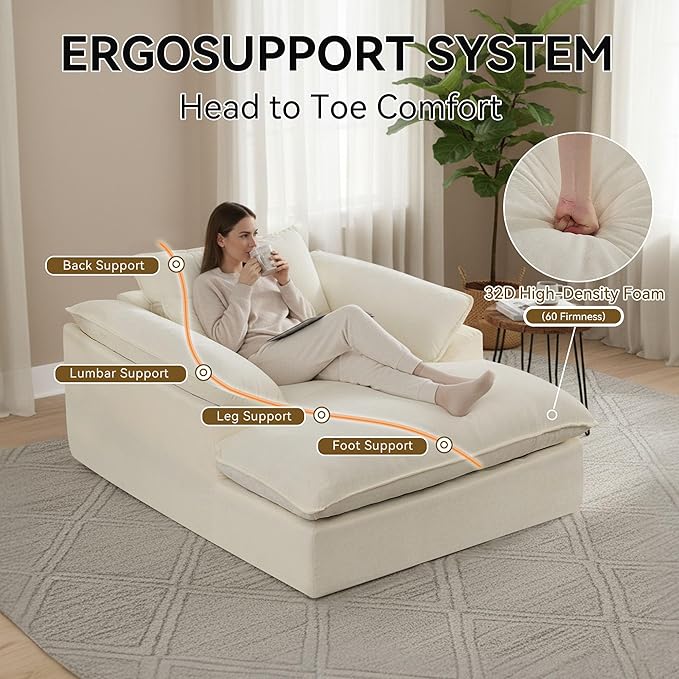 57 Oversized Boneless Chaise Lounge Chair with Ottoman Indoor Comfy Chenille Upholstered Sofa Bed with Armrest No Assembly Deep Seat Sleeper Armchairs Couch for Living Room Bedroom Beige