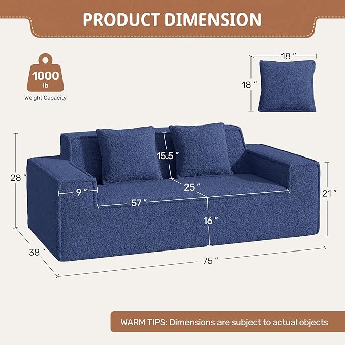 75'' Cloud Loveseat Sofa No Assembly Required Comfy Deep Seat Teddy Couches 1 pcs for Living Room Bedroom Apartment(Teddy Fabric-Blue)