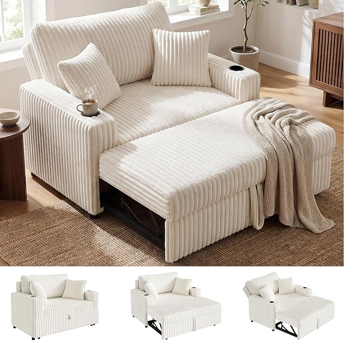 52” 3-in-1 Convertible Pull-Out Sofa Bed Sleeper Loveseat with Built-in Cup Holders Reclining Backrest Pet-Friendly Corduroy Sofa for Small Space - White