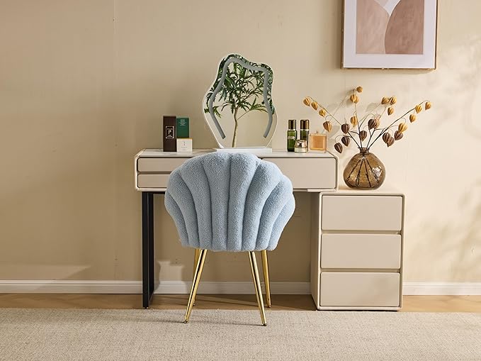 VINGLI Shell-Shaped Teddy Fleece Accent Vanity Chair with BackComfy Blue and Gold Desk Chair No WheelsCute Small Pearl Deco PillowGift for Girls/Womenfor MakeupOfficeDiningNailSewingBedroom