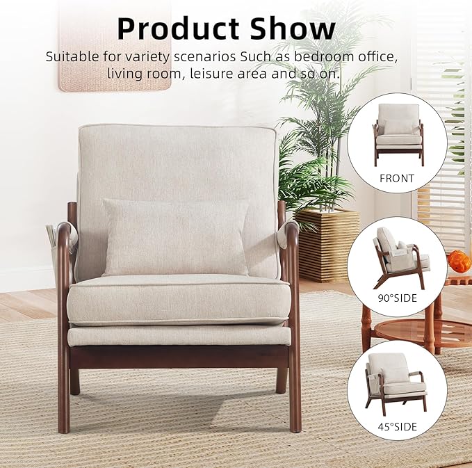 CANMOV Accent Chairs Set of 2 Mid Century Modern Chair with Extra Side Storage Pocket Upholstered Reading Armchair with Waist Cushion Accent Chair for Living Room Bedroom Easy Assembly Beige