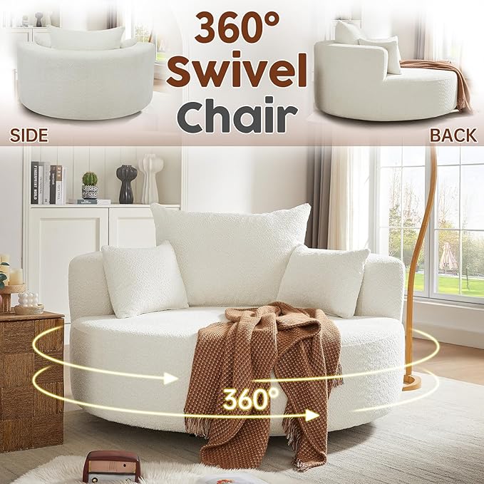 Antetek 360-Degree Swivel Accent Chair Oversized Modern Comfy Chenille Round Swivel Chaise Lounge Sofa Chair with Backrest Cushion &amp 2 Throw Pillows for Living Room Bedroom Office Beige