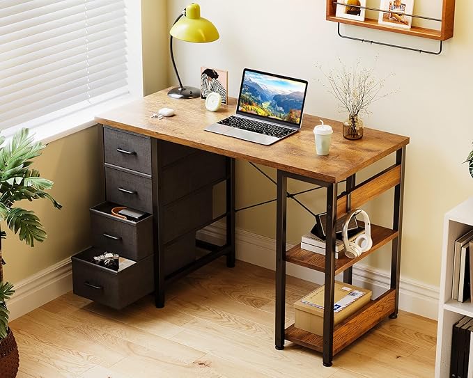 Casaottima 40 Inch Small Computer Desk with 4 Fabric Drawers Modern PC Desk for Small Spaces Home Office Desk with Storage Shelves Vintage