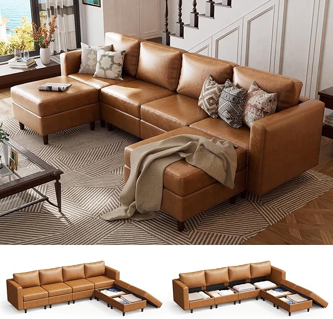 ABCASA 118.5 Faux Leather Modular Sectional Sofa 6 Seater U Shaped Couch with Movable Ottoman and Storage Seat with Reversible Chaise Deep Seat for Living Room Brown