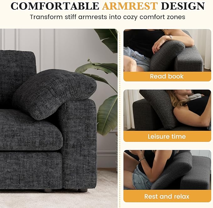 118 Oversized Modular Sectional Sofa L Shaped 3 Seaters with Storage Ottoman Cloud Couch Sofa Set Modern Convertible Chenille Deep Seat Sectional Couches for Living Room Black 1 PCS