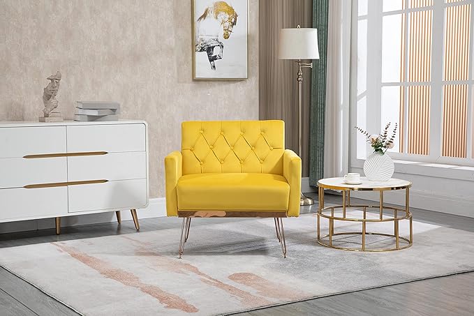 Velvet Accent Chair Upholstered Living Room Accent Armchair Leisure Single Chairs with Rose Golden feet Tufted Sofa Chairs for Home Office Living Room Bedroom Small Space (Mustard)