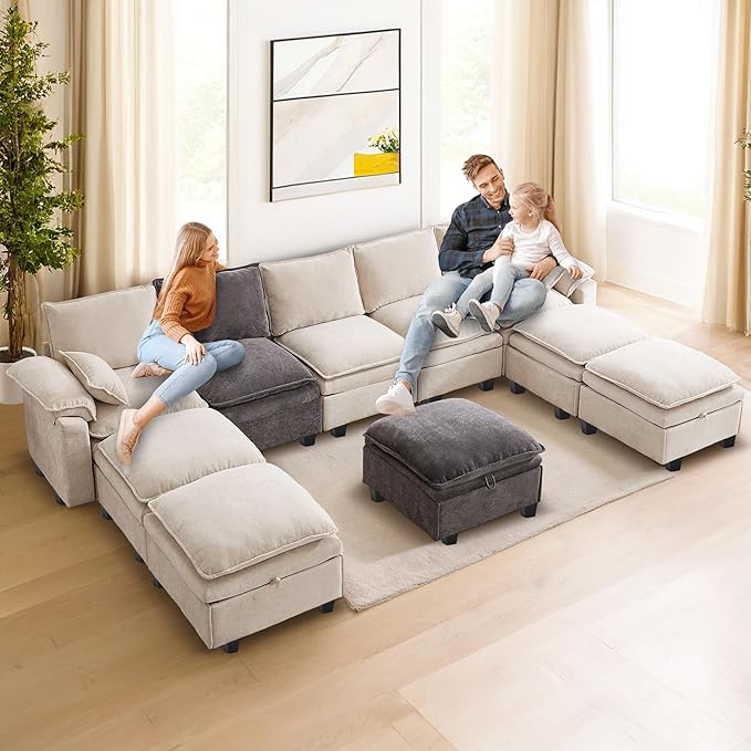 130 Modular Sectional Sofa U Shaped with Storage Chenille Cloud Couch for Small Spaces Living Room Apartment Comfy Deep Seat with Reversible Ottoman (6 Seats Grey)