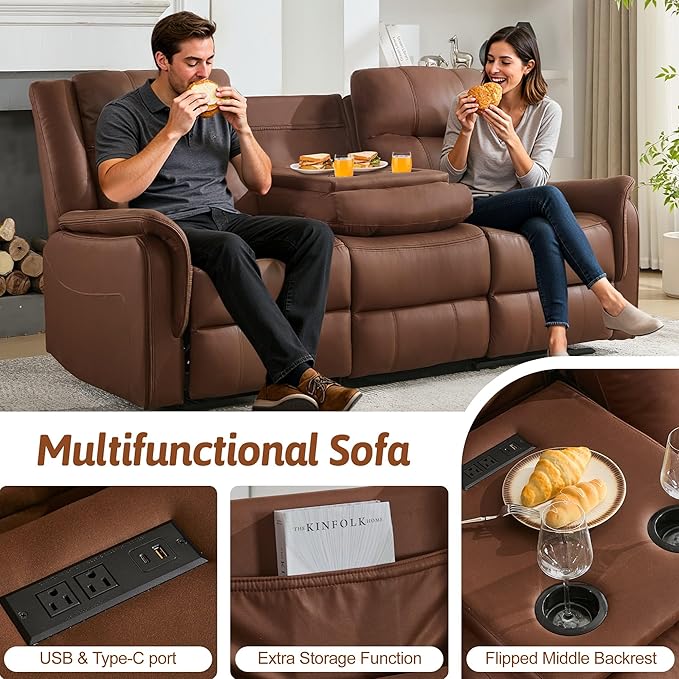 Loveseat Recliner Sofa Flip Middle Backrest Design 3 Seat Reclining Sofa with Storage Drawer Performance Fabric Reclining Couch with Storage USB Port Manual Couch for Living Room RVs
