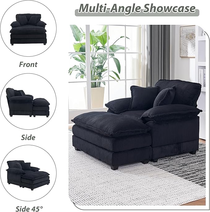 TTK Oversized Chaise Lounge Chair with Ottoman - 39.17 Wide Modern Sleeper Sofa for Living Room Bedroom &amp Office - Deep Seat Sectional Couch with Pillow Comfortable Reading ChairBlack