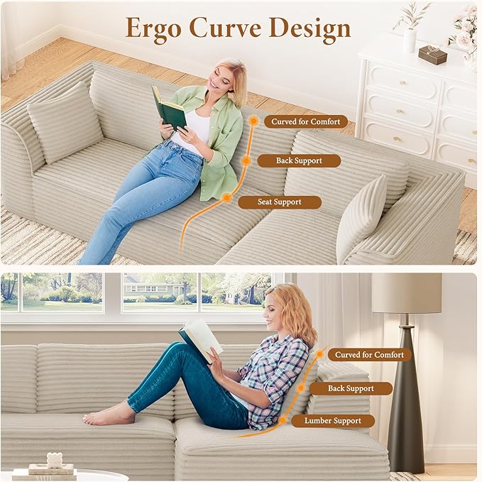 Vesgantti 106 Modular Sectional Sofa with Chaise Deep Seat Comfy Cloud Couch Corduroy L Shaped Sofa Sectional Couches for Living Room Bedroom No Assembly Required (Camel Right-Facing Chaise)