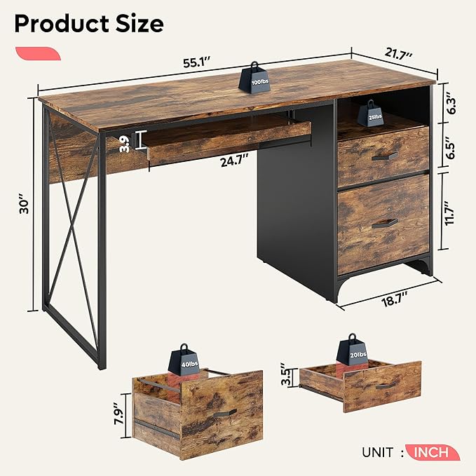 Bestier Office Desk with Drawers 55 inch Industrial Computer Desk with Storage Wood Teacher Desk with Keyboard Tray &amp File Drawer for Home Office Rustic Brown