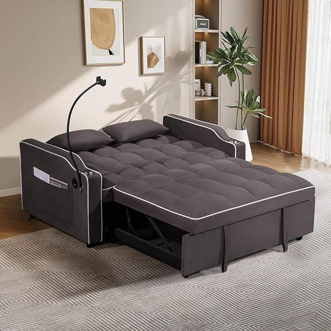 JEEOEHY 3 in 1 Convertible Sleeper Sofa BedVelvet Pull Out Couch Bed w USB&ampType C PortComfy Futon Loveseat with Adjustable Backrest&ampPhone Holder for Living Room Apartment Small Space(Brown)