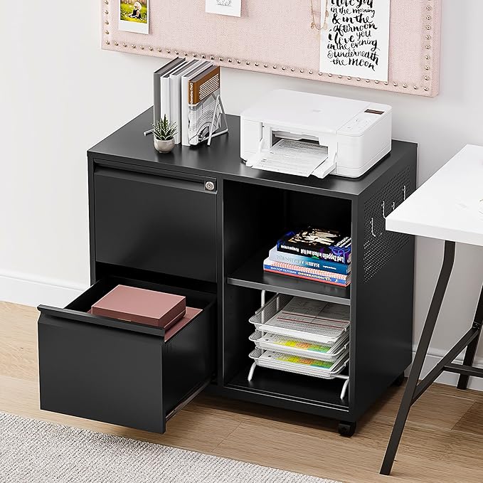 SISESOL 2 Drawer File Cabinet with Lock and ShelfMobile Lateral Filing CabinetMetal Filing Cabinets with Open Storage Shelves Organizer for Home Office Fit Legal/Letter A4 Size (Black)