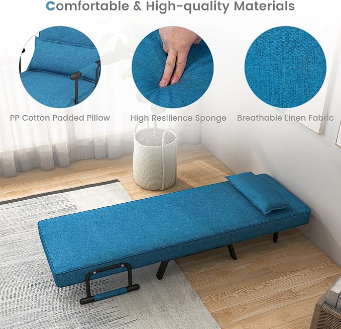 POWERSTONE Convertible Sleeper Chair Bed 4 in 1 Living Room Reading Chair with Pillow Wide Cushion Arm and Adjustable 5 Position Backrest Single Sofa Bed Blue