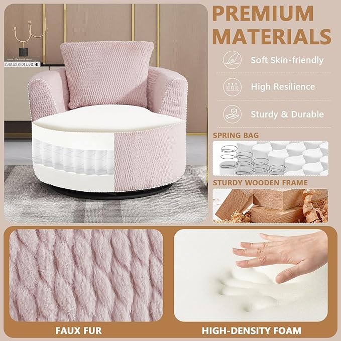 mikibama Swivel Accent Chair 360° Round Swivel Barrel Chair with Pillows Upholstered Corduroy Armchair Sofa Chair for Living Room Bedroom Reading Room Pink