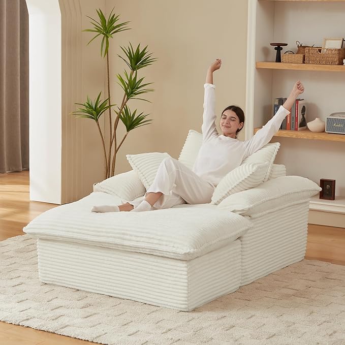 52 Boneless Chaise Lounge – Oversized Chaise Lounge Chair Indoor with Ottoman Cup Holder &amp 3 Pillows Corduroy 3-in-1 Floor Sleeper Chair Bed for Adults Reading NappingWhite