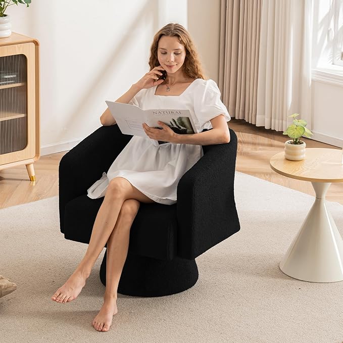 ClinQ Swivel Barrel Accent Chair Oversized Teddy Upholstered Round Swivel Chairs Set of 3 Modern Luxury 360° Living Room Vanity Chair for Bedroom Office&ampLiving Room Black