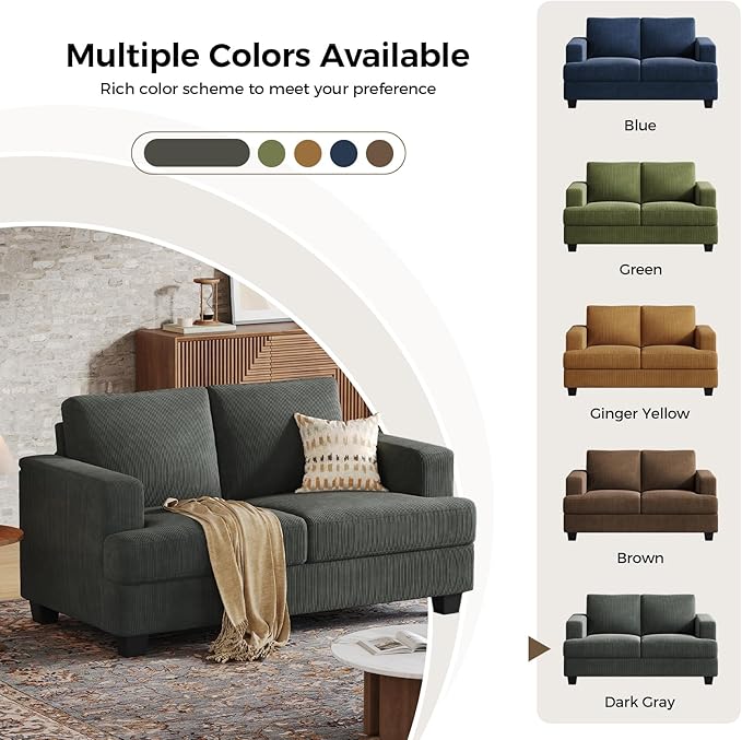 63 Inch Sofa with Extra Deep Seats Oversize Corduroy Fabric 2 Seater Sofa for Living RoomModern Couch and Loveseat Comfy Armrests and Seats and Backrests Easy Installation Dark Gray