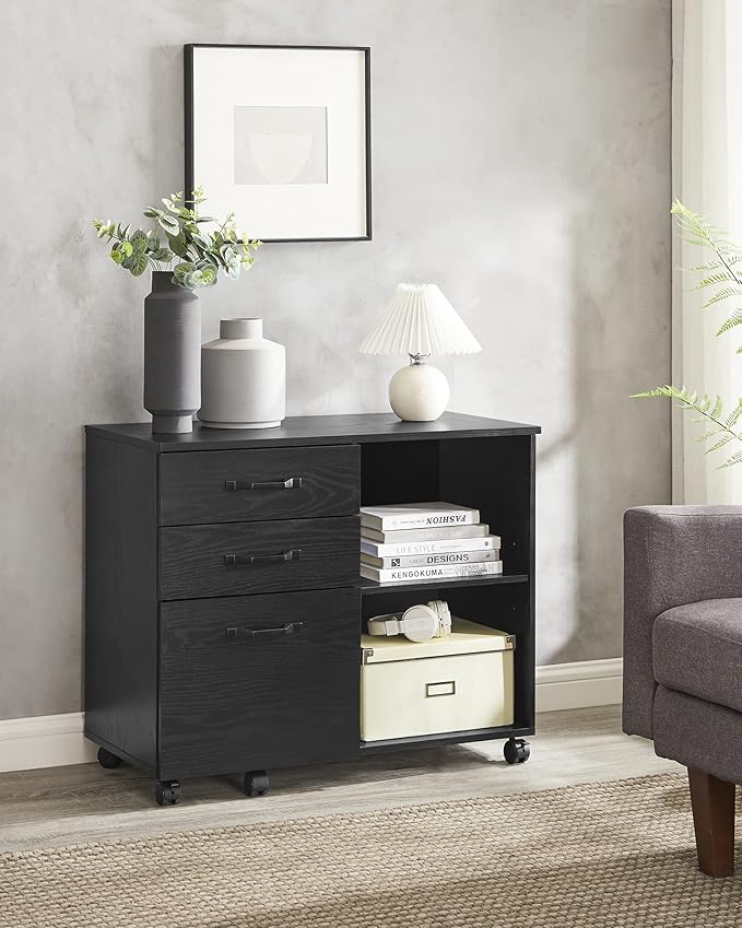 VASAGLE Lateral File Cabinet Home Office Printer Stand 3-Drawer Mobile Filing Cabinet with Open Storage Shelves for A4 Letter-Size Files Black with Wood Grain UOFC041B56