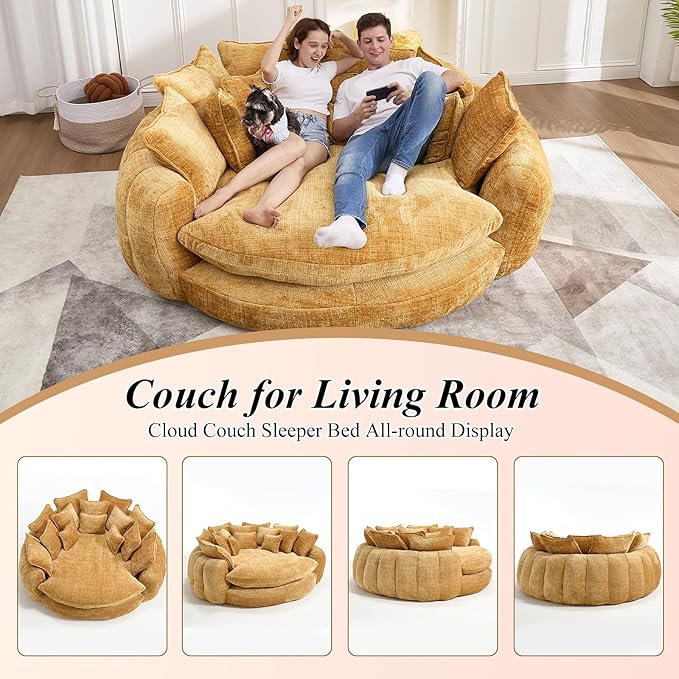 81'' Cloud Couches for Living Room Comfy Circle Round Couch Bed with 14 Pillows Upholstered Boneless Couch Oversized Chaise Lounge Chair Indoor Extra Wide Round Daybed Floor Sofa (Yellow)