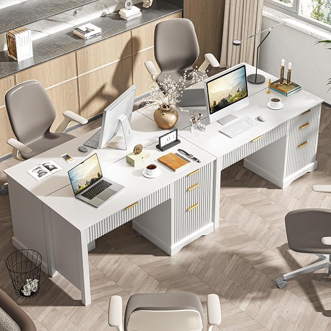 Vabches Fluted Executive Desk with Drawers Wood Computer Desk with Ample File Drawer Home Office Desk with Storage for Study Bedroom Living Room White