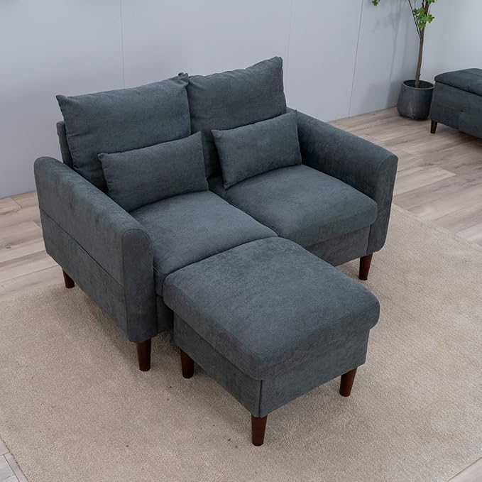 Panana Convertible Sectional Sofa CouchL-Shaped 2 or 3-Seat Sofa Sectional with Reversible Ottoman for Small Living Room Apartment (Gray Linen Fabric 2 Seater with Ottoman - Curved arms)