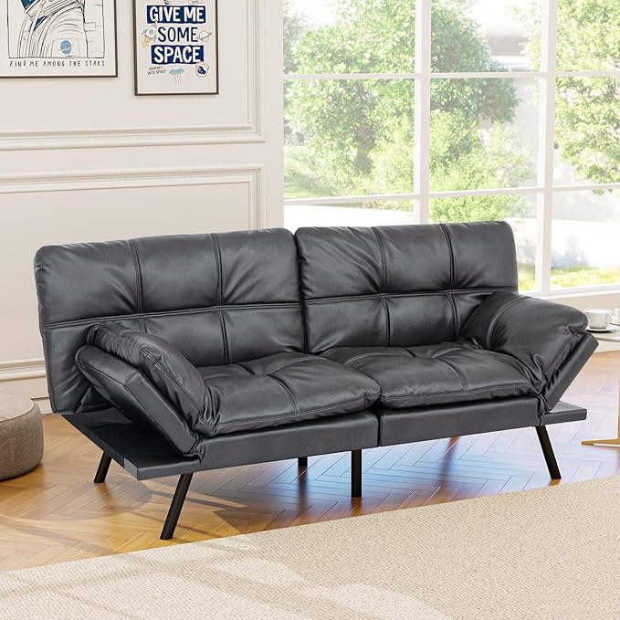 Opoiar Futon Sofa Bed Modern Memory Foam Sleeper Sofa Convertible Couch Adjustable Armrest&ampBackrest Black Matte Leather Futon for Living SpaceApartmentOffice Sofabed