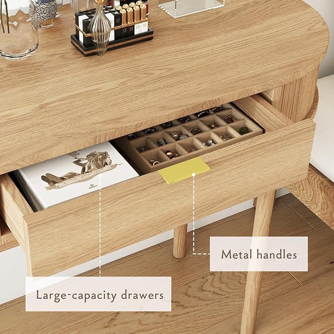 SoarFlash 39 Inch Small Computer Desk with Drawer Mid-Century Modern Writing Desk with Solid Wood Legs - Compact Home Office Desk &amp Makeup Vanity for Small Space Bedroom Study Table in Oak