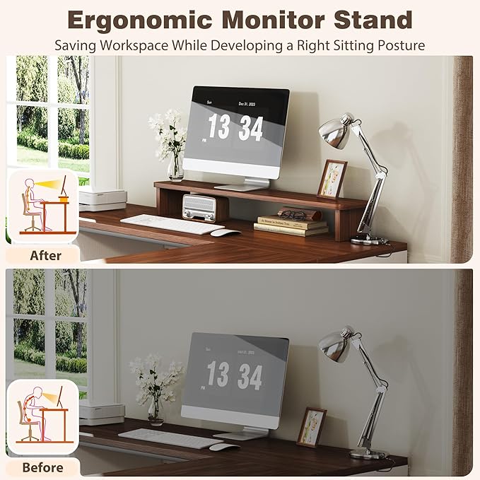 78 Farmhouse L Shaped Executive Desk with Drawers Modern Computer Desk with Power Outlets Office Writing Desk with Monitor Stand &amp Storage Cabinet Printer Shelf Antique White