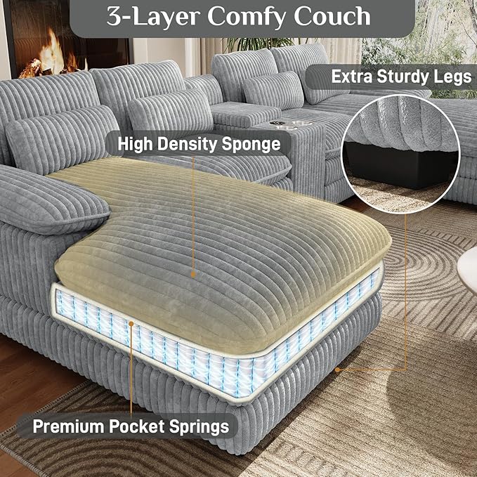 132 U Shaped Cloud Couch SectionalFluffy Plush 4 Seat Corduroy Sectional Couches for Living RoomComfy Corduroy Sofa with Double Chaise Lounge Storage Console Cup Holders USB Port（Grey）