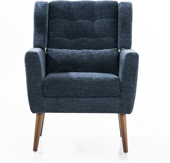 Modern Accent ChairChenille Arm Chairs for Living RoomUpholstered Mordern ArmchairComfy Soft Padded Lounge Chair in Small Space Bedroom w/Pillow Solid Wood Leg (Dark Blue)