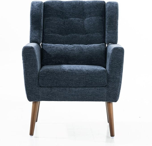 Modern Accent ChairChenille Arm Chairs for Living RoomUpholstered Mordern ArmchairComfy Soft Padded Lounge Chair in Small Space Bedroom w/Pillow Solid Wood Leg (Dark Blue)