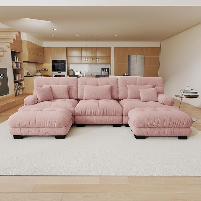 133.8 Oversized Modular Sectional Sofa 3 Seater Pink Large Sectional Couches for Living Room Chenille Fabric Sofa Set Cloud Couches with Ottoman Deep Seat Modern Sofas para Sala U Shaped