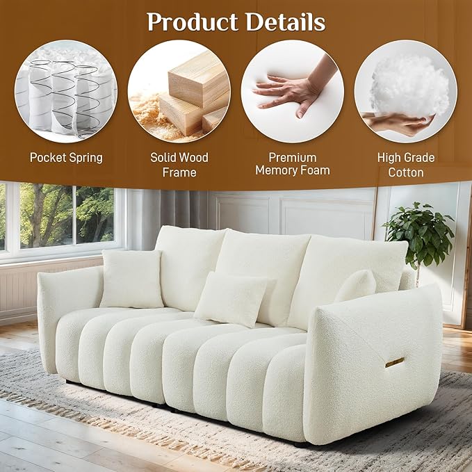 Teddy Cloud Sofa Couch Comfy Upholstered Sherpa Deep Seat Boucle Sofa Cozy Modern 3 Seater Couch with 3 Pillows Oversized Loveseat for Living Room Apartment Office Beige White