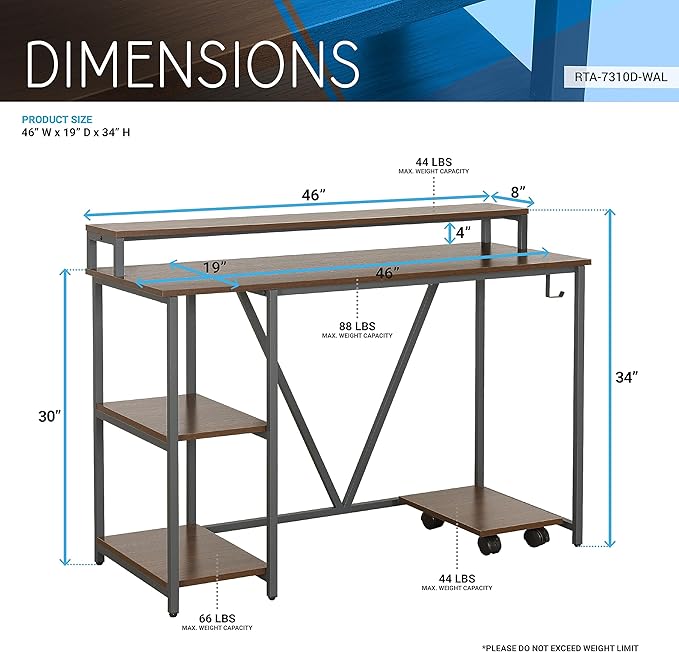 Techni Mobili Computer Desk - Industrial Writing Desk with Storage Shelves Monitor Stand &amp Accessory Holder - Home Office Laptop Computer Table with CPU Caddy &amp 2-Tier Small Bookshelf Space