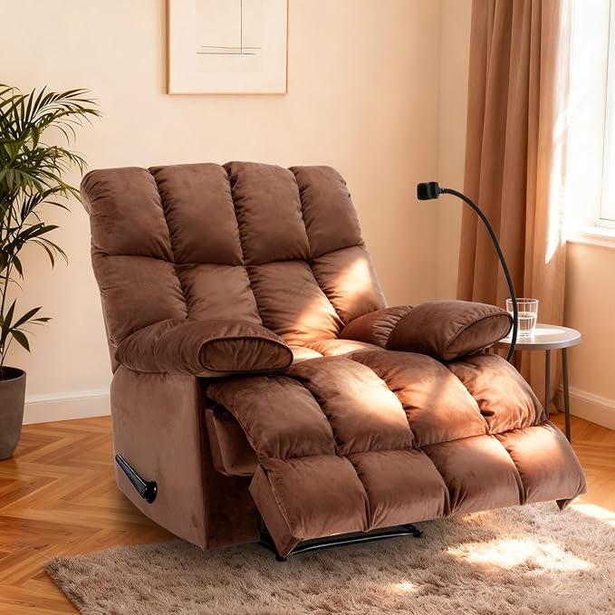 Oversized Recliner Chair with Phone Holder Manual Velvet Big Man Recliners Supports Up to 400 LBS Extra Wide Recliner Chairs for Bedroom Living Room and Home Theater Brown