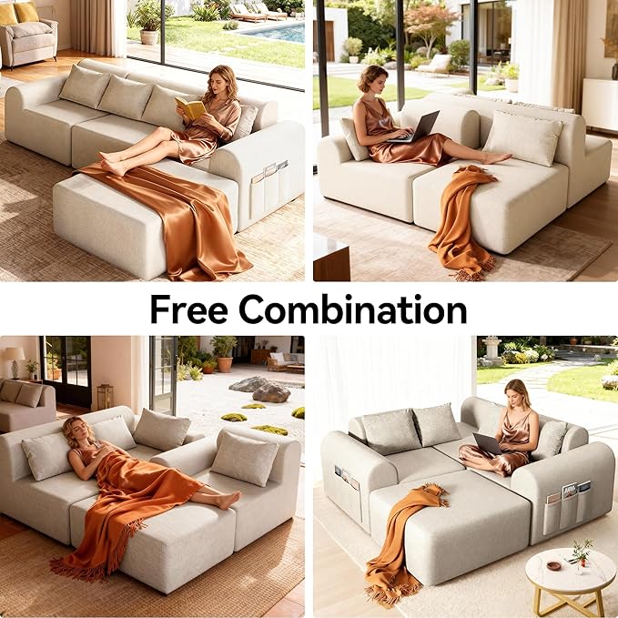 105.5 Cloud Boneless Sectional Sofa with Ottoman &amp 4 Pillows L-Shaped 4-Seater Modular Couch for Living Room Ultra Deep Seat Chenille Fabric Sofa No Assembly Required Beige