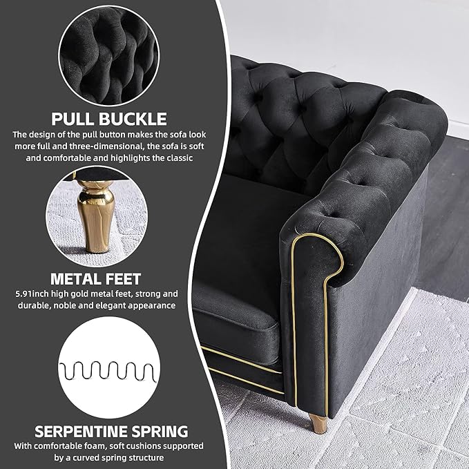 KEVINSPACE 84.64 Velvet Sofa Couch Upholstered Button Tufted 3-Seater Sofa with Curved Armrest Modern Chesterfield Curved Sofa for Livingroom Bedroom Furniture ApartmentBlack