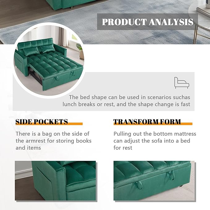 54 Convertible Sofa Bed Velvet Sleeper Sofa with Pull-Out Bed 3-in-1 Futon Couch with Reclining Backrest and Side Pocket Modern Loveseat for Living Room (Dark Green)