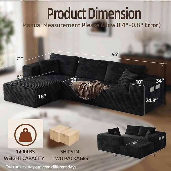 Boneless Sectional Couch Black L Shape Sofa Ottoman with Recliner Bed Memory Foam Modular Cloud No Bones in a Box Boundless Comfort for Living Room Compression Corduroy Fabric Deep Seat Easy Assembly