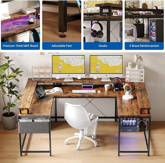 GAOMON U Shaped Home Office DeskReversible l Shaped Gaming Computer Desk with Power Outlets LED StripStorage ShelvesStorage Bag and Hooks for Home OfficeTabby Pattern