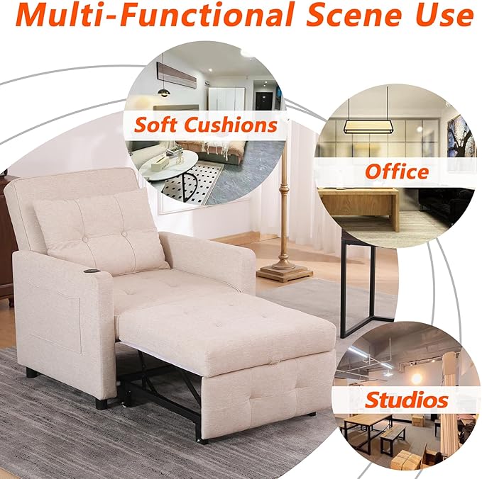 3 in 1 Boucher with Pull-Out Sofa Convertible Lazy Sleep Armrest Sofa Chair with Storage Pockets and Adjustable Backrest Comfortable Folding Seat Bed Bedroom Bed (Dark Grey) (Beige)