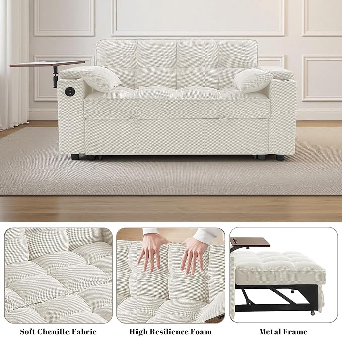 Rovibek 65'' Convertible Sleeper Sofa Bed 3-in-1 Pull Out Couch with 360° Swivel Side Table Adjustable Backrest Loveseat Sleeper with Charging Port | Side Pocket | Cup Holders White